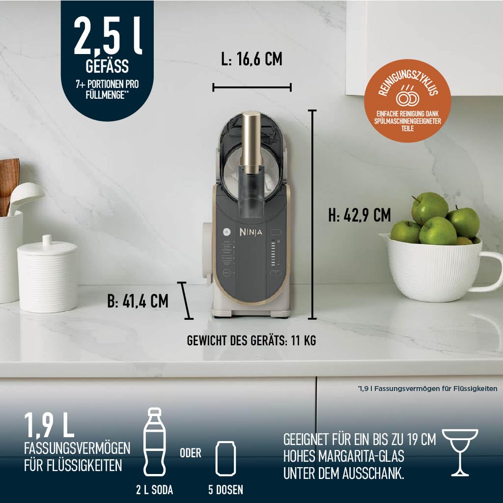 Ninja SLUSHi Maschine für Slush, Eis-Cocktails, Frappé, Milchshakes & gefrorenen Saft, ohne Eis oder Vorbereitungsaufwand, WhisperChill-Technology, fasst 1,9 L, Stone Gold, FS301EUSTGD