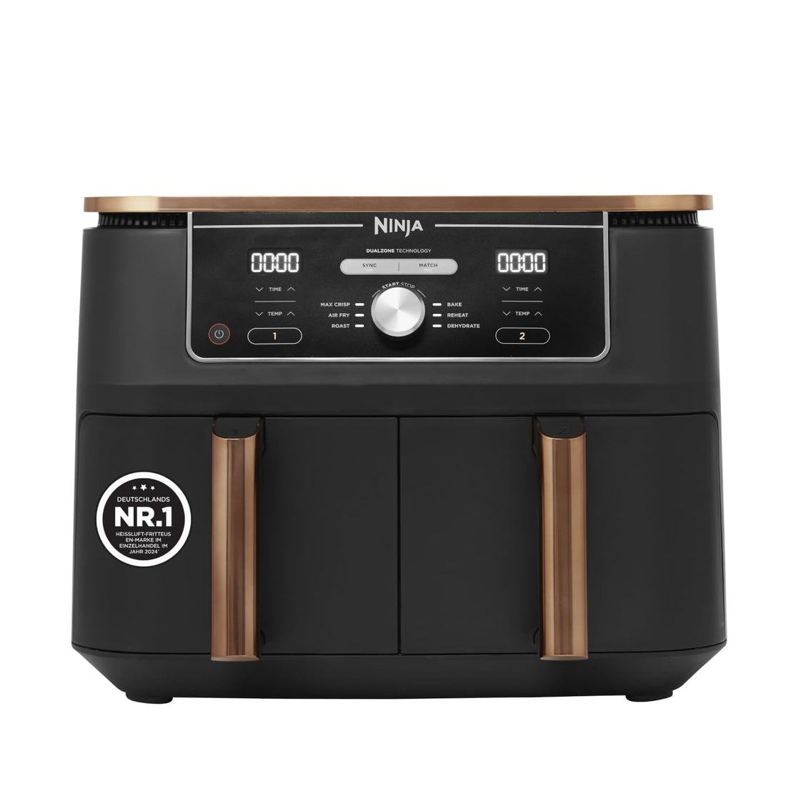 Ninja Foodi MAX Dual Zone Heißluftfritteuse, 9,5L Airfryer, 2 Fächer, mit Zange, Antihaftbeschichtung, spülmaschinenfeste Körbe, 6-in-1, Amazon Exklusiv, Kupfer/Schwarz, AF400EUCP