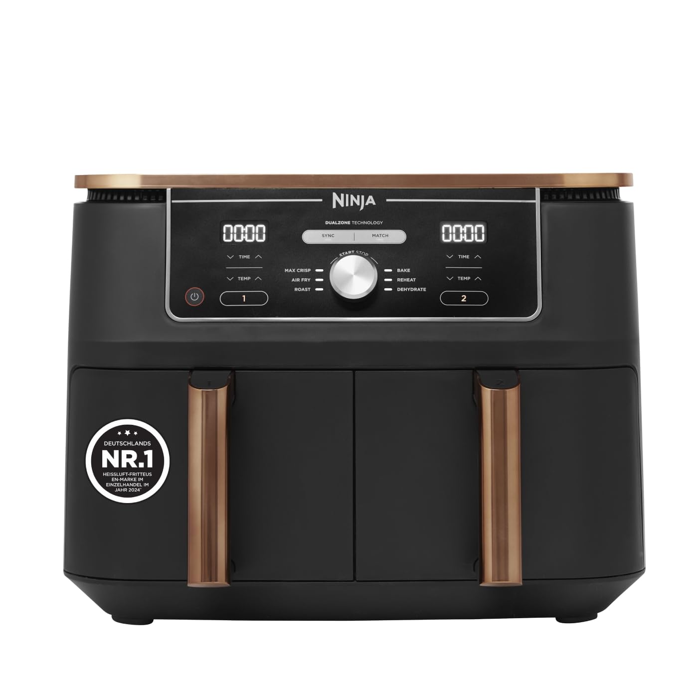 Ninja Foodi MAX Dual Zone Heißluftfritteuse, 9,5L Airfryer, 2 Fächer, mit Zange, Antihaftbeschichtung, spülmaschinenfeste Körbe, 6-in-1, Amazon Exklusiv, Kupfer/Schwarz, AF400EUCP