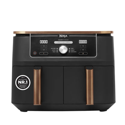 Ninja Foodi MAX Dual Zone Heißluftfritteuse, 9,5L Airfryer, 2 Fächer, mit Zange, Antihaftbeschichtung, spülmaschinenfeste Körbe, 6-in-1, Amazon Exklusiv, Kupfer/Schwarz, AF400EUCP