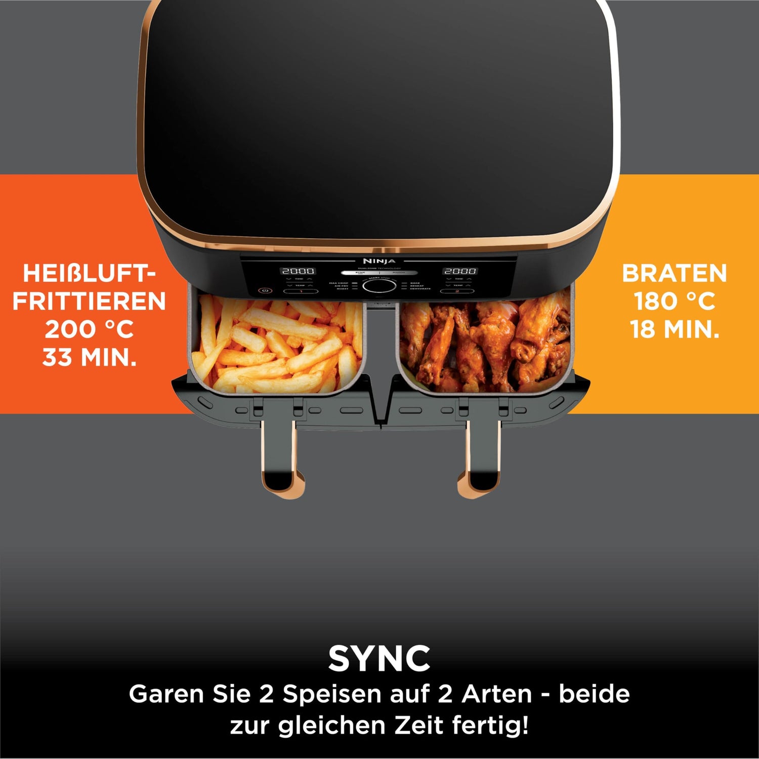 Ninja Foodi MAX Dual Zone Heißluftfritteuse, 9,5L Airfryer, 2 Fächer, mit Zange, Antihaftbeschichtung, spülmaschinenfeste Körbe, 6-in-1, Amazon Exklusiv, Kupfer/Schwarz, AF400EUCP