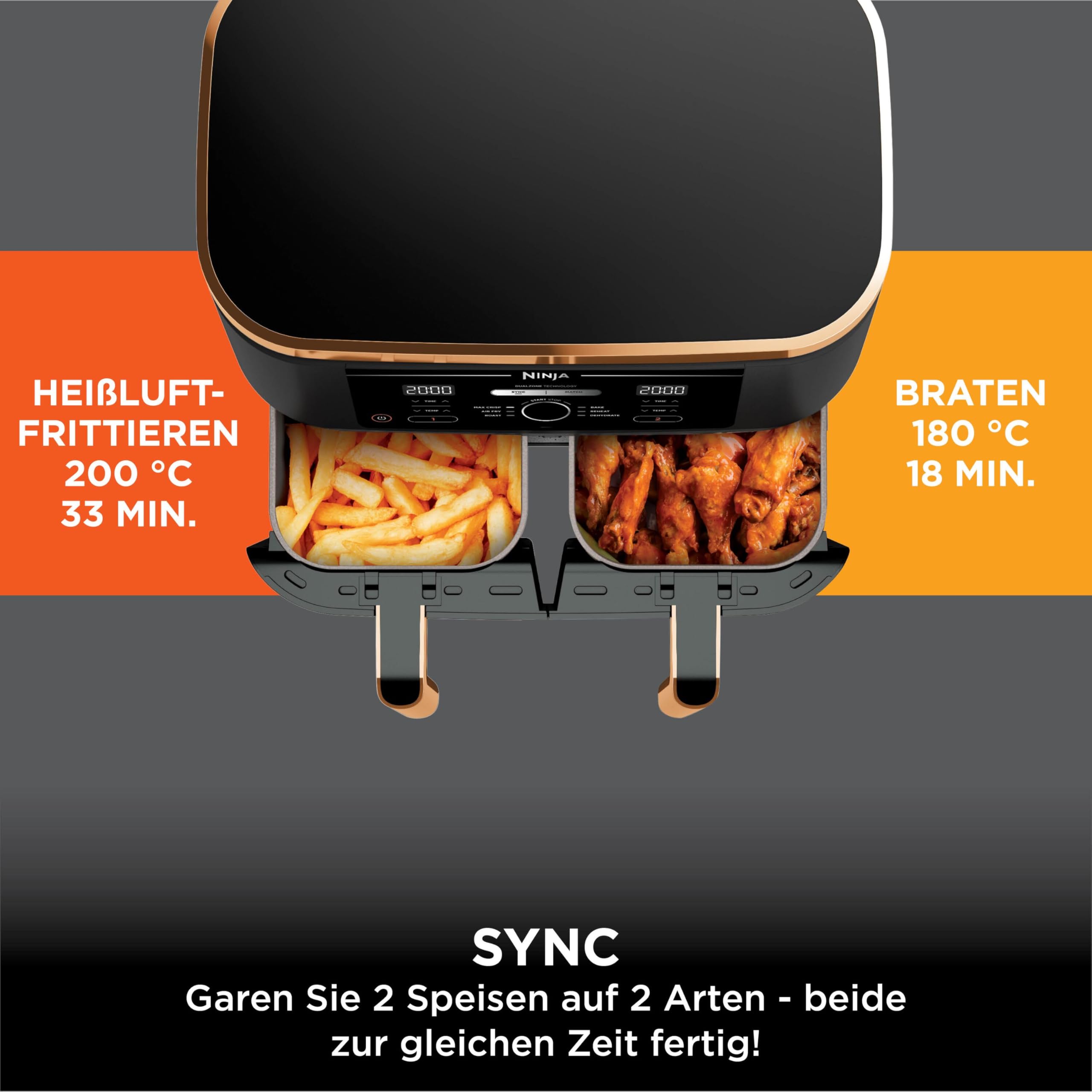 Ninja Foodi MAX Dual Zone Heißluftfritteuse, 9,5L Airfryer, 2 Fächer, mit Zange, Antihaftbeschichtung, spülmaschinenfeste Körbe, 6-in-1, Amazon Exklusiv, Kupfer/Schwarz, AF400EUCP