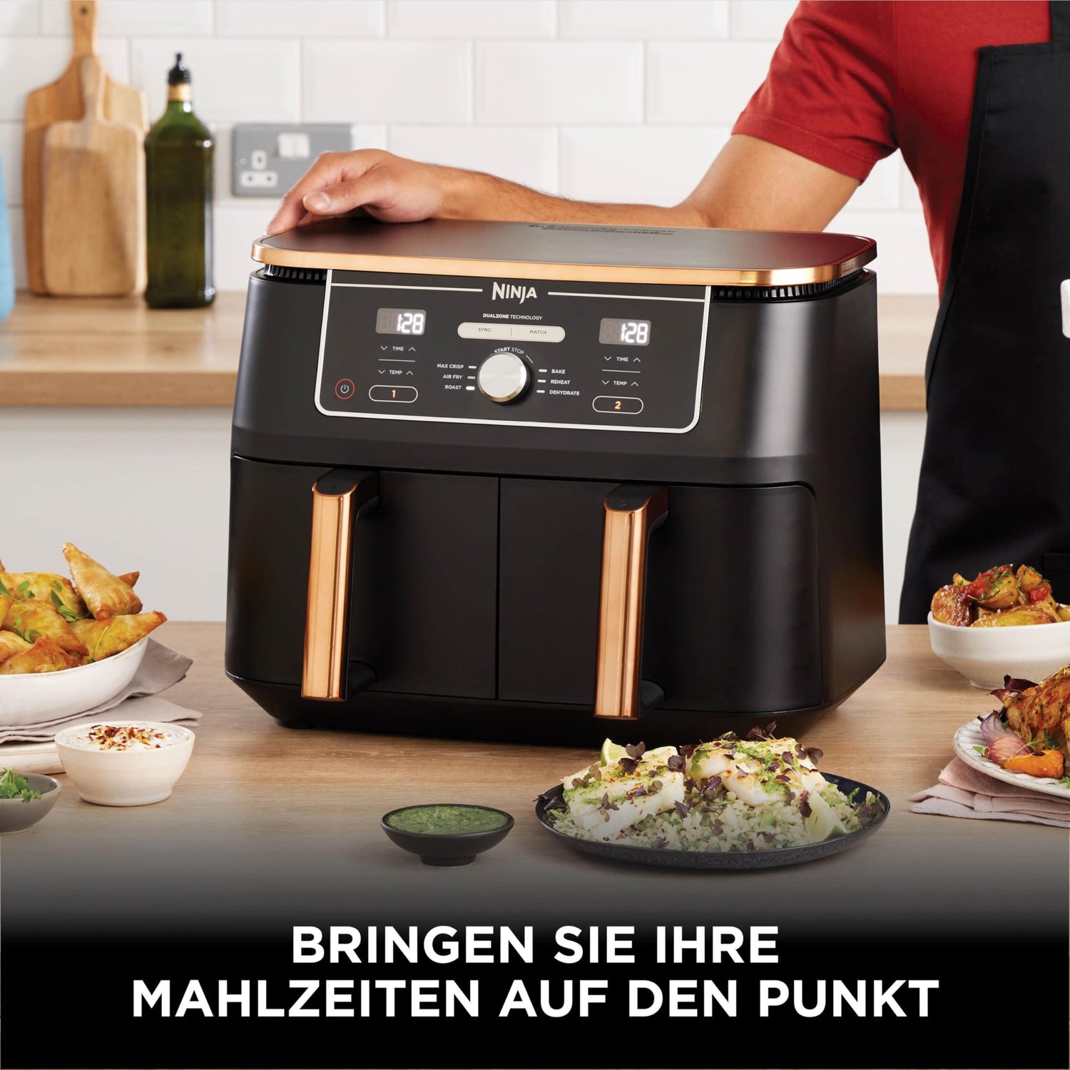 Ninja Foodi MAX Dual Zone Heißluftfritteuse, 9,5L Airfryer, 2 Fächer, mit Zange, Antihaftbeschichtung, spülmaschinenfeste Körbe, 6-in-1, Amazon Exklusiv, Kupfer/Schwarz, AF400EUCP