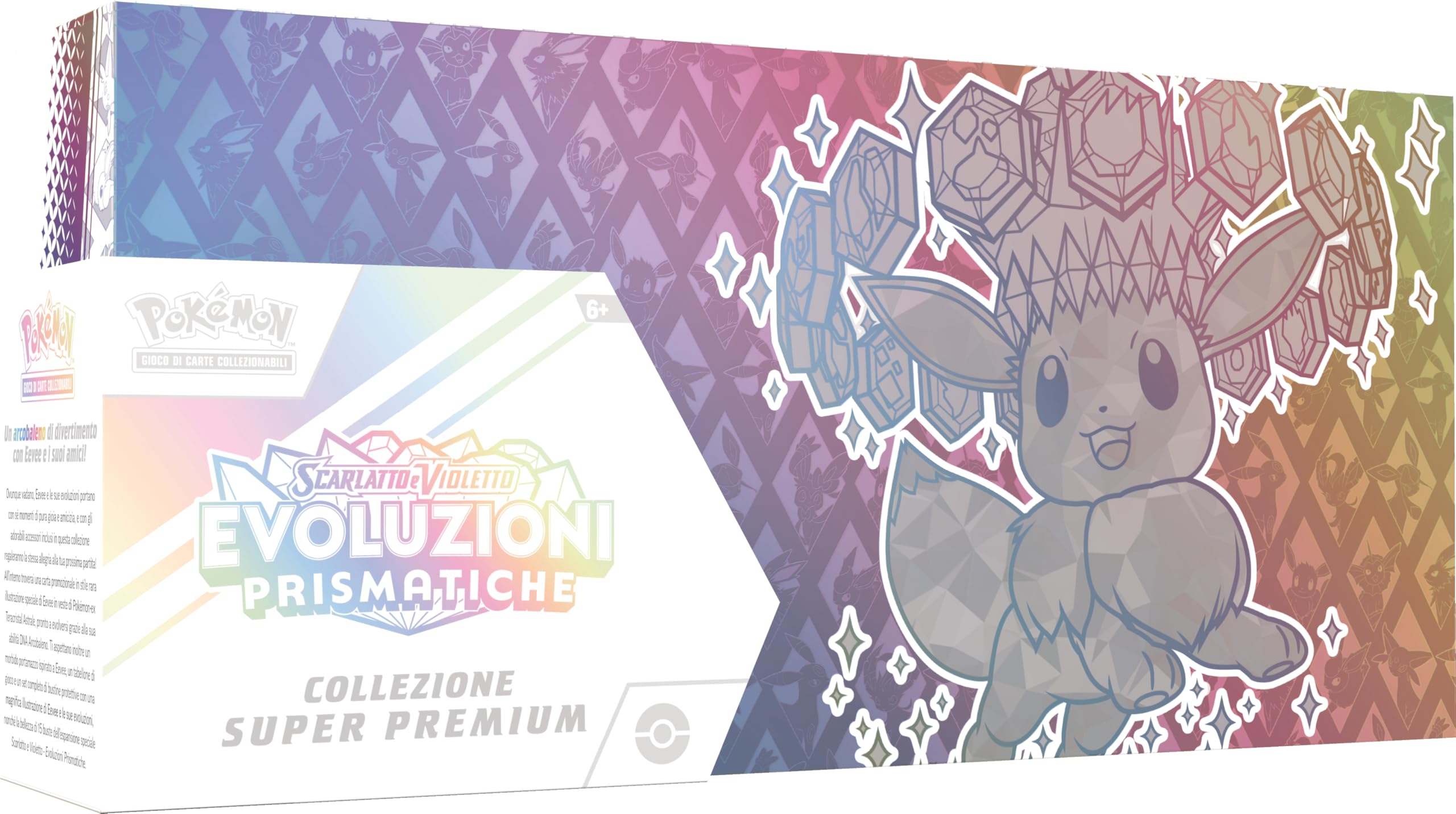 Pokémon GCC: Super Premium-Kollektion Scharlachrot und Violett – Prismatische Entwicklungen – eine holografische Promokarte in voller Länge, EIN weicher von Eevee inspirierter Deckhalter und 15
