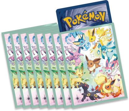 Pokémon GCC: Super Premium-Kollektion Scharlachrot und Violett – Prismatische Entwicklungen – eine holografische Promokarte in voller Länge, EIN weicher von Eevee inspirierter Deckhalter und 15