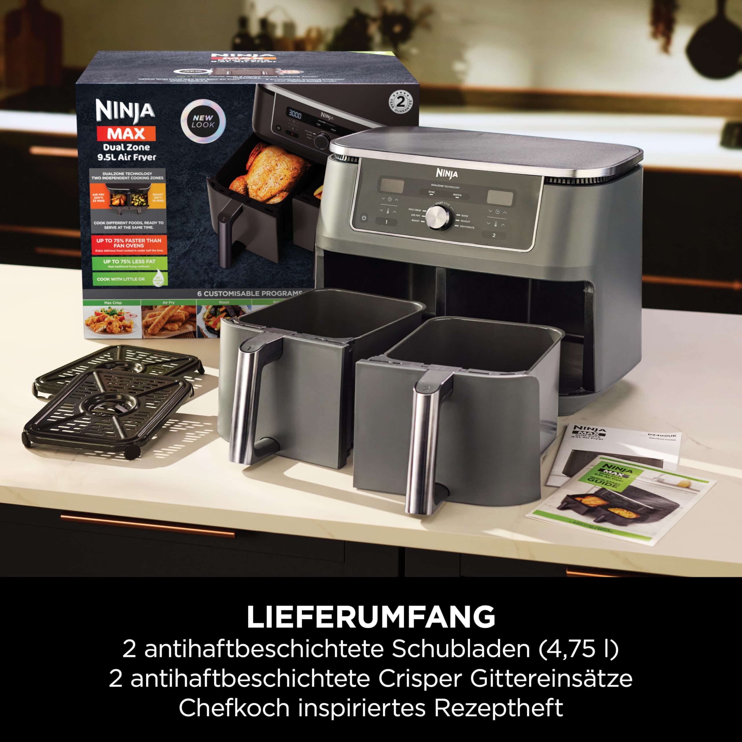 Ninja Dual Zone Digital Air Fryer, 2 Schubladen, Metallic Grau DZ400EU