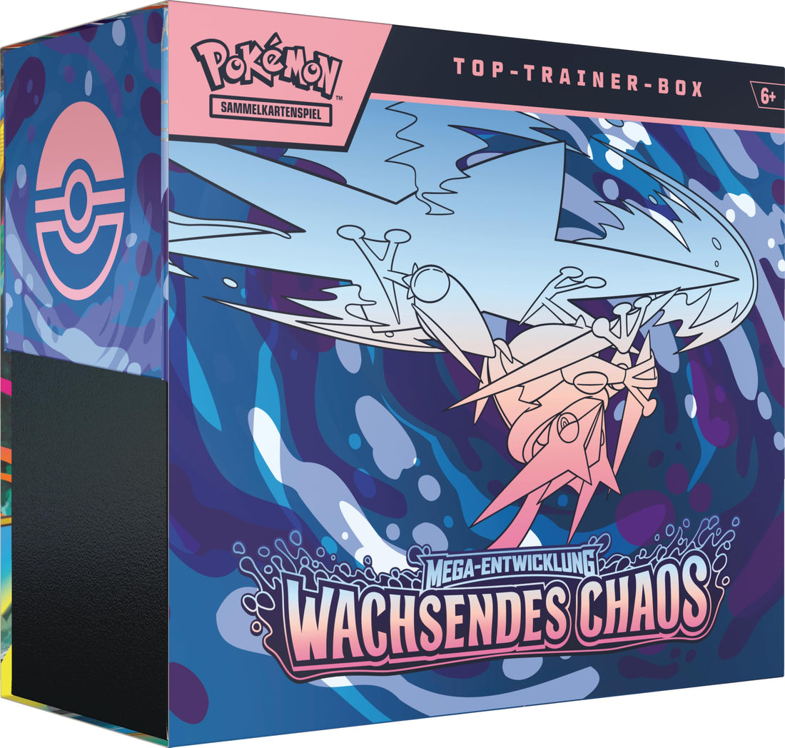 Pokémon-Sammelkartenspiel: Top-Trainer-Box Mega-Entwicklung – Wachsendes Chaos (1 Vollbild-Promokarte, 9 Boosterpacks &amp; Premium-Zubehör)