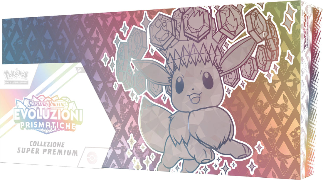 Pokémon GCC: Super Premium-Kollektion Scharlachrot und Violett – Prismatische Entwicklungen – eine holografische Promokarte in voller Länge, EIN weicher von Eevee inspirierter Deckhalter und 15
