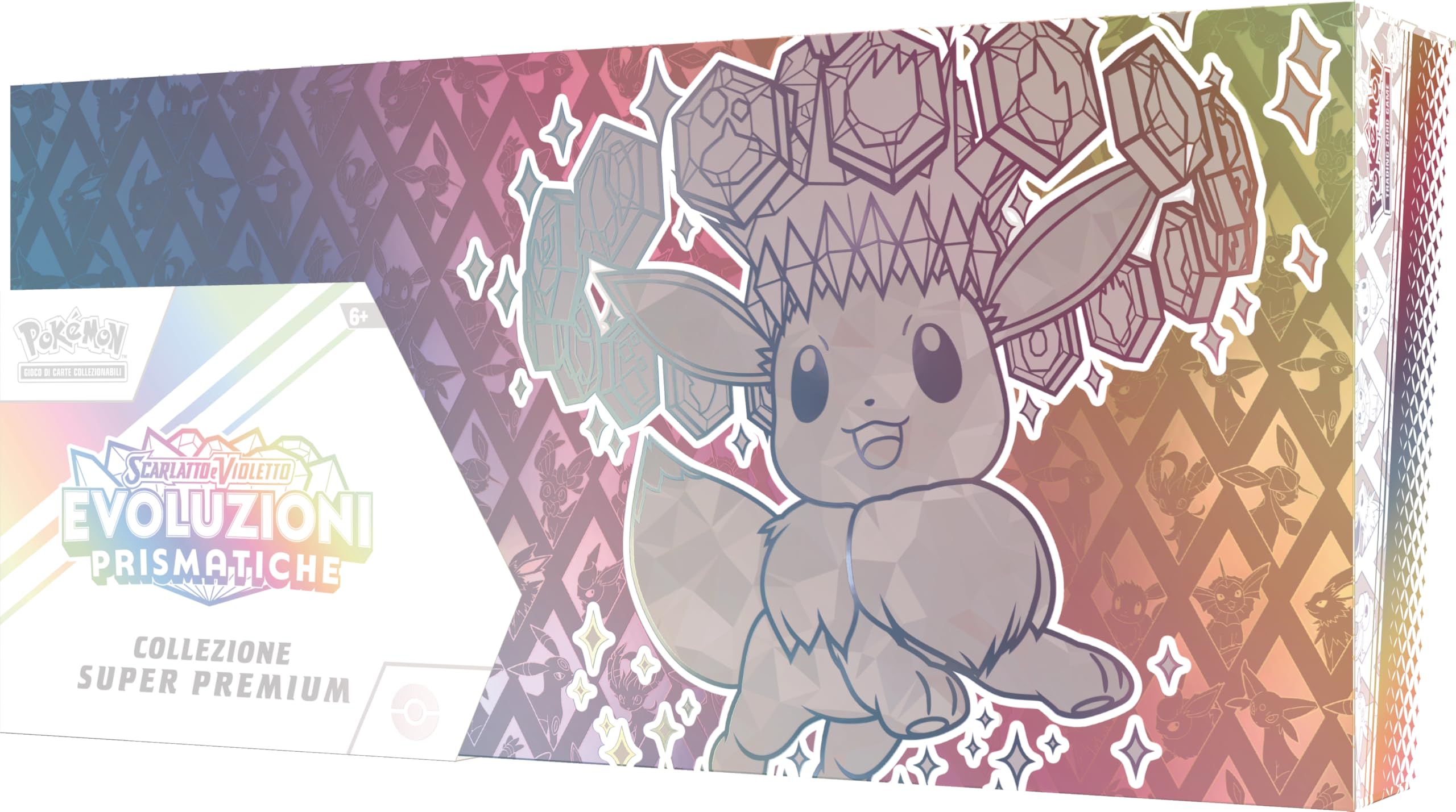 Pokémon GCC: Super Premium-Kollektion Scharlachrot und Violett – Prismatische Entwicklungen – eine holografische Promokarte in voller Länge, EIN weicher von Eevee inspirierter Deckhalter und 15