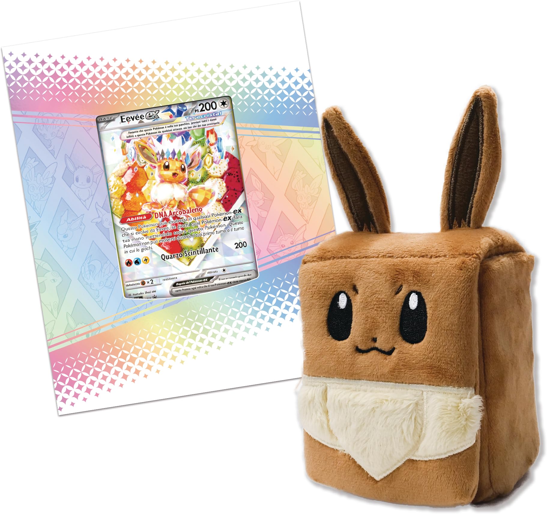 Pokémon GCC: Super Premium-Kollektion Scharlachrot und Violett – Prismatische Entwicklungen – eine holografische Promokarte in voller Länge, EIN weicher von Eevee inspirierter Deckhalter und 15