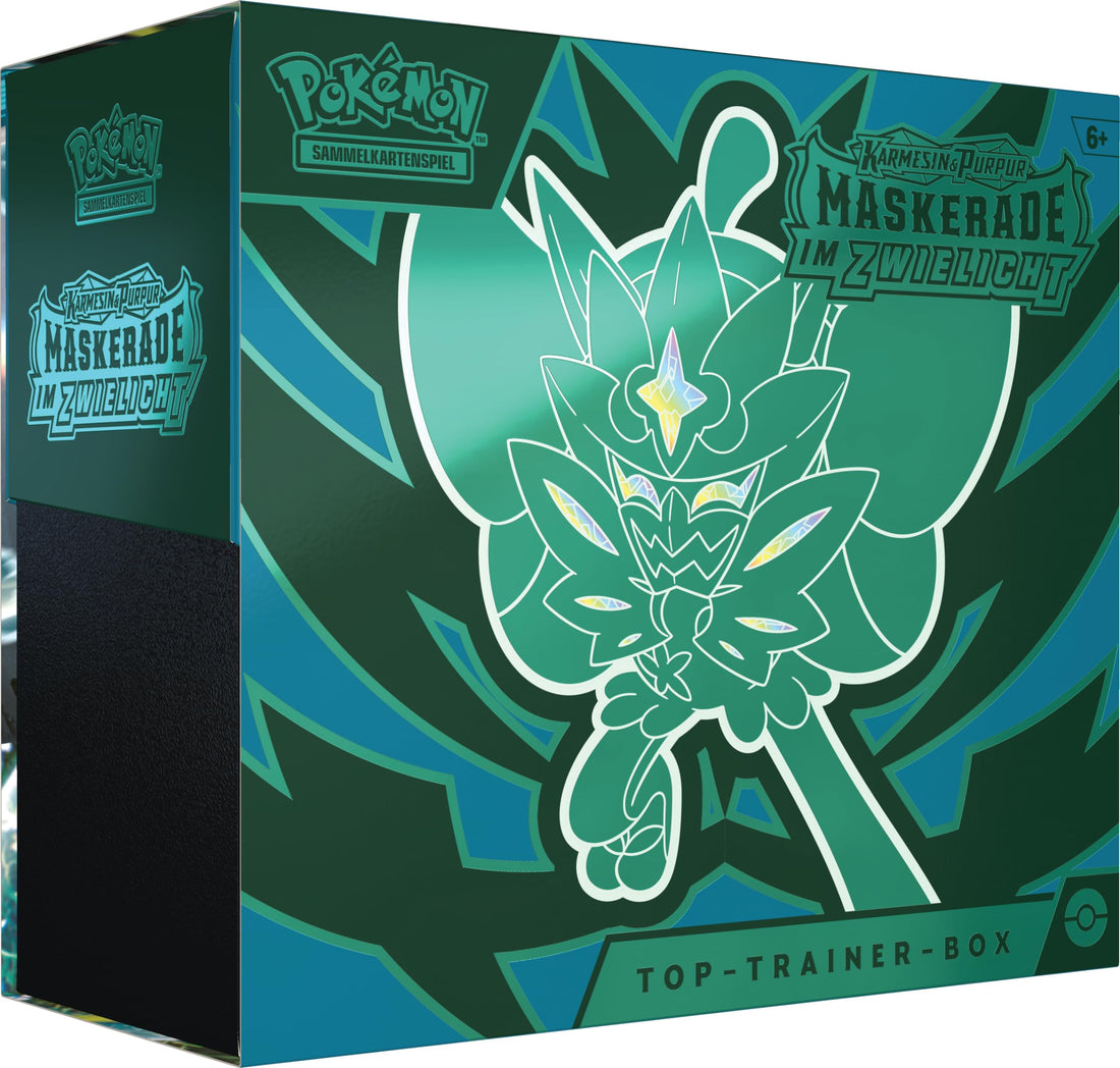 Pokémon-Sammelkartenspiel: Top-Trainer-Box Karmesin &amp; Purpur – Maskerade im Zwielicht (1 Vollbild-Promokarte mit Türkisgrüne-Maske-Ogerpon, 9 Boosterpacks &amp; Premium-Zubehör)