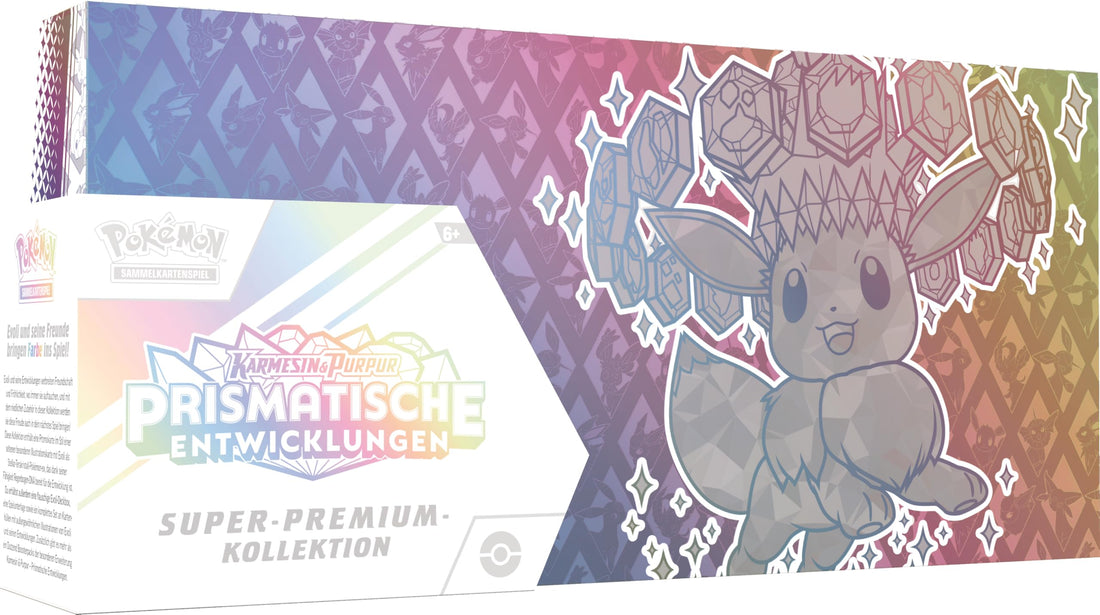 Pokémon-Sammelkartenspiel: Super-Premium-Kollektion Karmesin &amp; Purpur – Prismatische Entwicklungen (1 holografische Vollbild-Promokarte,1 Flauschige Evoli-Deckbox &amp; 15 Boosterpacks)