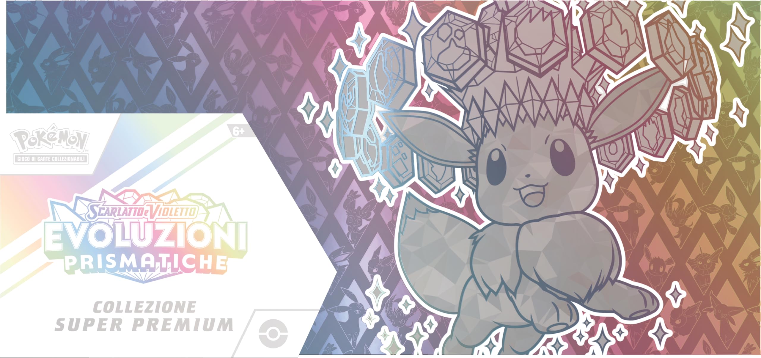 Pokémon GCC: Super Premium-Kollektion Scharlachrot und Violett – Prismatische Entwicklungen – eine holografische Promokarte in voller Länge, EIN weicher von Eevee inspirierter Deckhalter und 15