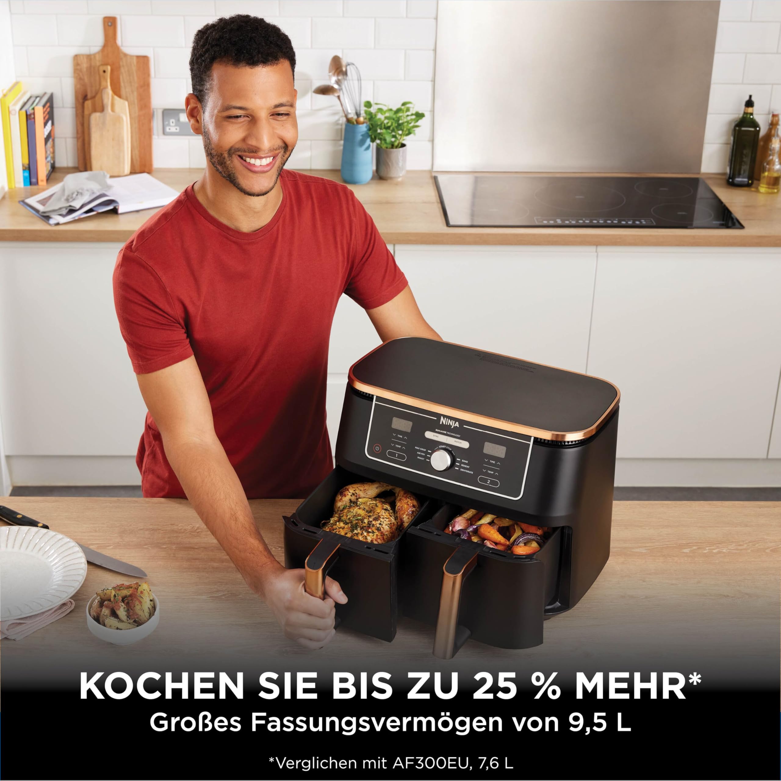 Ninja Foodi MAX Dual Zone Heißluftfritteuse, 9,5L Airfryer, 2 Fächer, mit Zange, Antihaftbeschichtung, spülmaschinenfeste Körbe, 6-in-1, Amazon Exklusiv, Kupfer/Schwarz, AF400EUCP