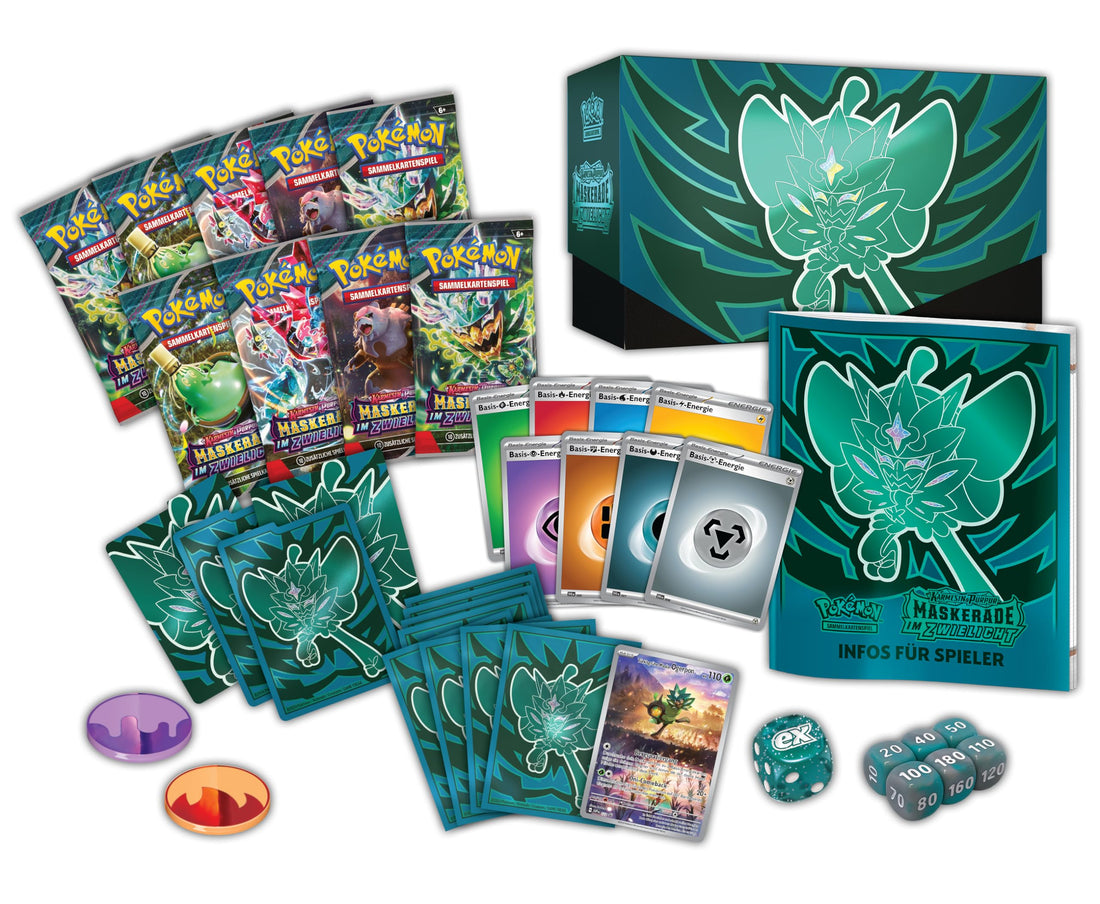 Pokémon-Sammelkartenspiel: Top-Trainer-Box Karmesin &amp; Purpur – Maskerade im Zwielicht (1 Vollbild-Promokarte mit Türkisgrüne-Maske-Ogerpon, 9 Boosterpacks &amp; Premium-Zubehör)