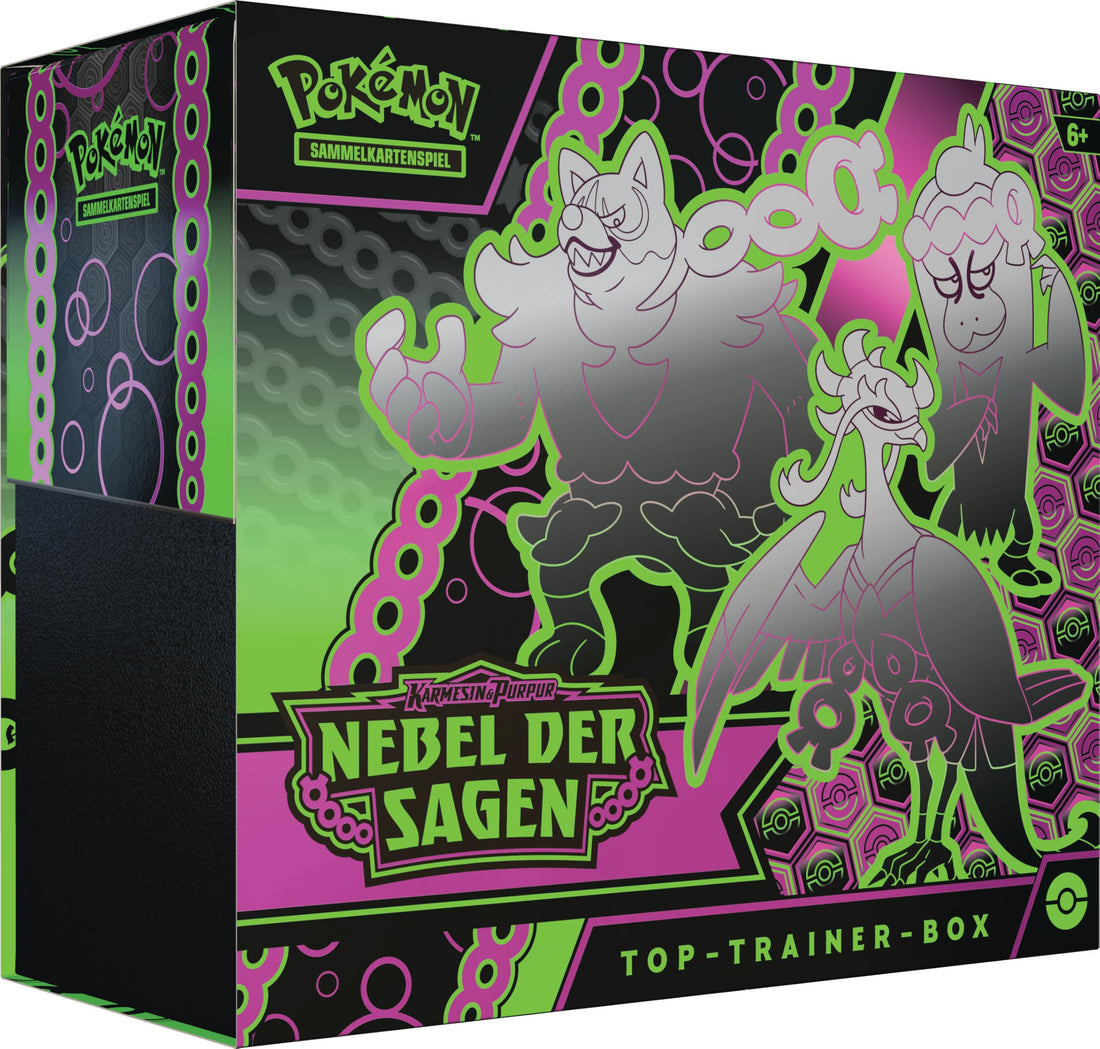 Pokémon-Sammelkartenspiel: Top-Trainer-Box Karmesin &amp; Purpur – Nebel der Sagen (1 Vollbild-Promokarte mit Infamomo, 9 Boosterpacks &amp; Premium-Zubehör)